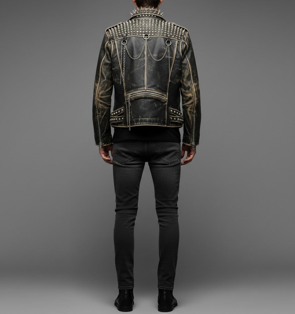 Men’s Black Spiked & Studded Leather Biker Jacket – Genuine Moto Style