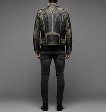 Load image into Gallery viewer, Men’s Black Spiked &amp; Studded Leather Biker Jacket – Genuine Moto Style
