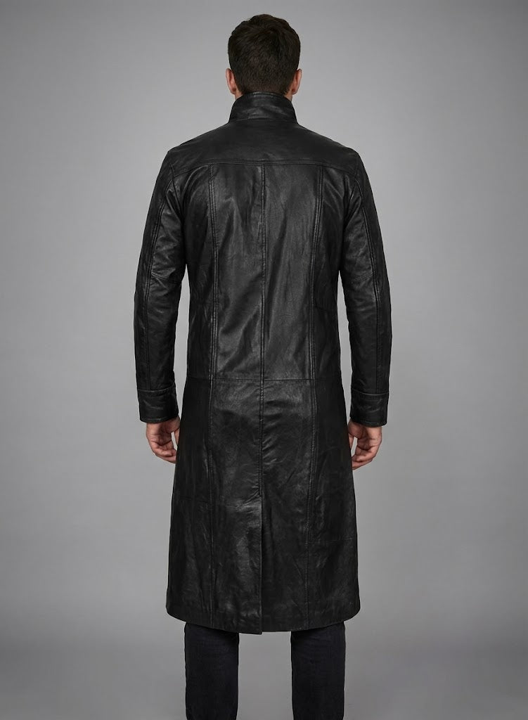 Men’s Deux Black Leather Duster Coat – Classic Long Western Overcoat
