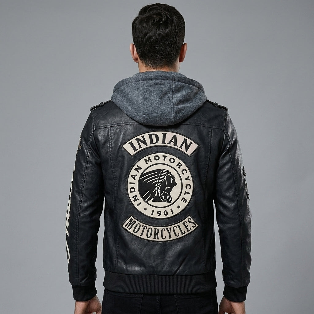 Herren Bikerjacke im Indianer-Stil aus Leder – Kapuzen-Lederbomberjacke