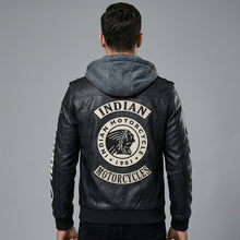 Load image into Gallery viewer, Men’s Indian-Style Leather Biker Jacket – Real Leather Hooded Moto Bomber
