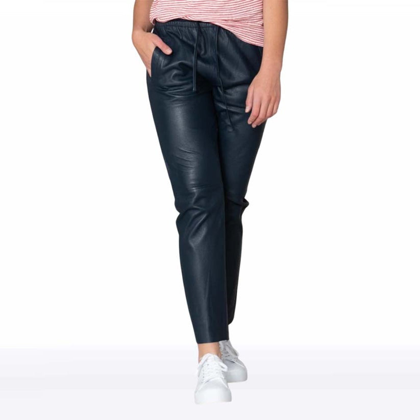 Navy Lambskin Leather Joggers for Women