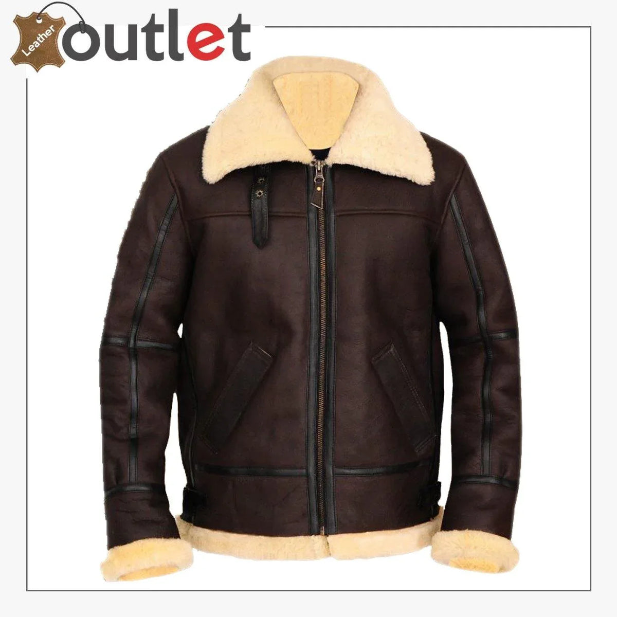 B3 bomber aviator shearling leather jacket in brown, front view