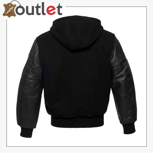 Hooded black letterman varsity jacket, back view showing hood