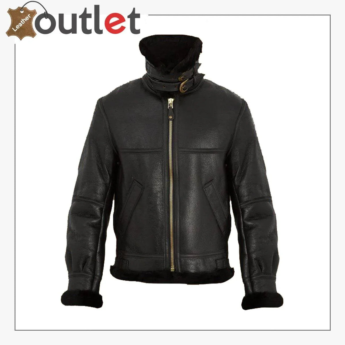 Women pure black B3 shearling jacket with cream fleece collar, front view