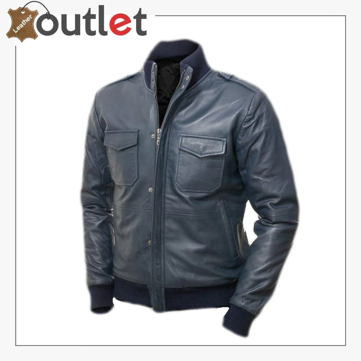 Men blue leather bomber jacket, front view