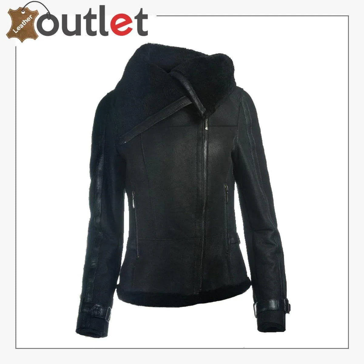Women sheepskin oversized collar shearling jacket, front view