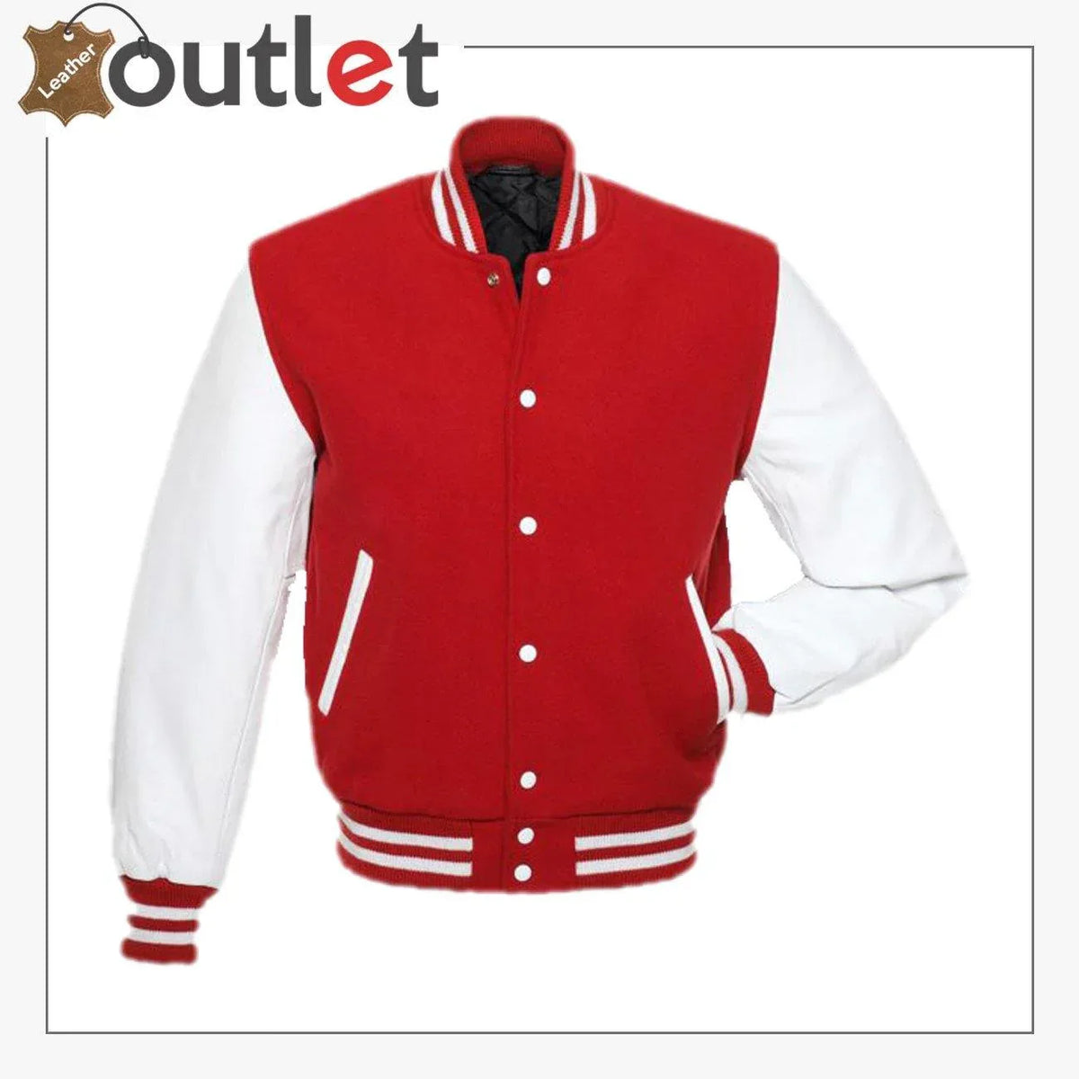 Red and white varsity jacket, front view with snap front