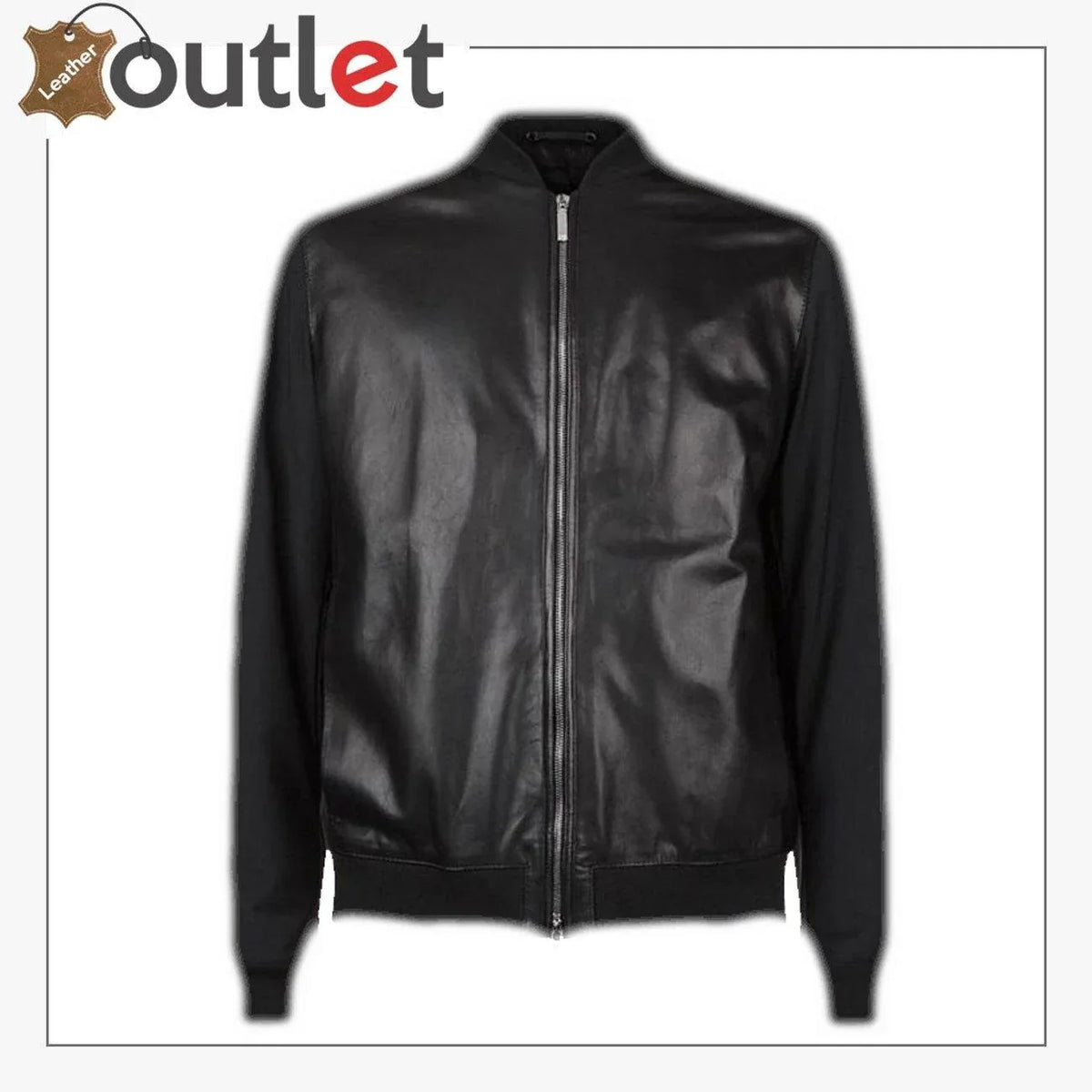 Men pure black minimal leather bomber jacket, front view