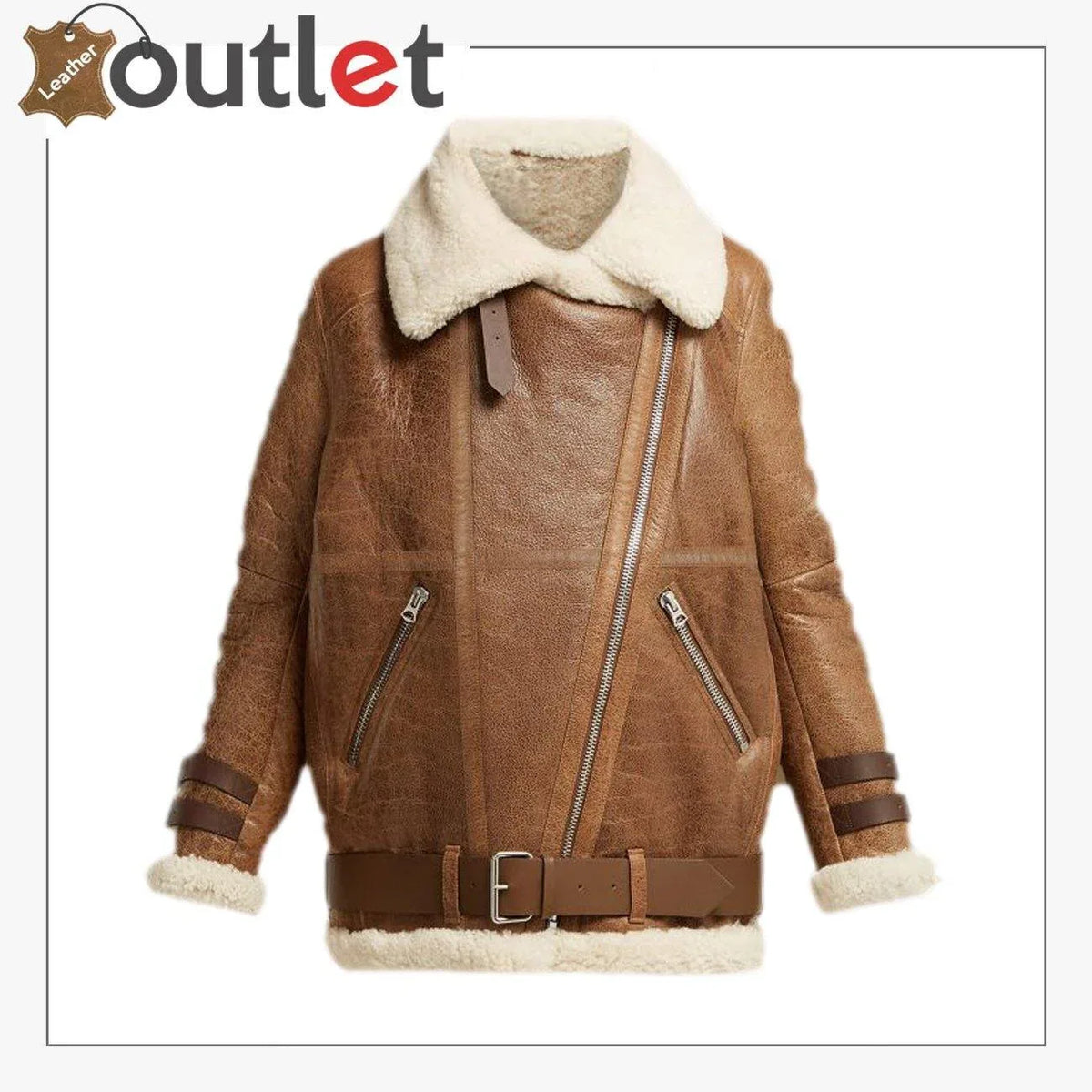 Women light brown shearling jacket, front view