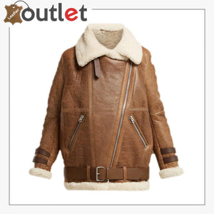 Color: Brown Material: Pure Leather Inner Faux Shearling Lining Sherpa Lapel Collar Open Sherpa Cuffs Zip Fastening Outside PocketsColor: Brown Material: Pure Leather Inner Faux Shearling Lining Sherpa Lapel Collar Open Sherpa Cuffs Zip Fastening Outside Pockets