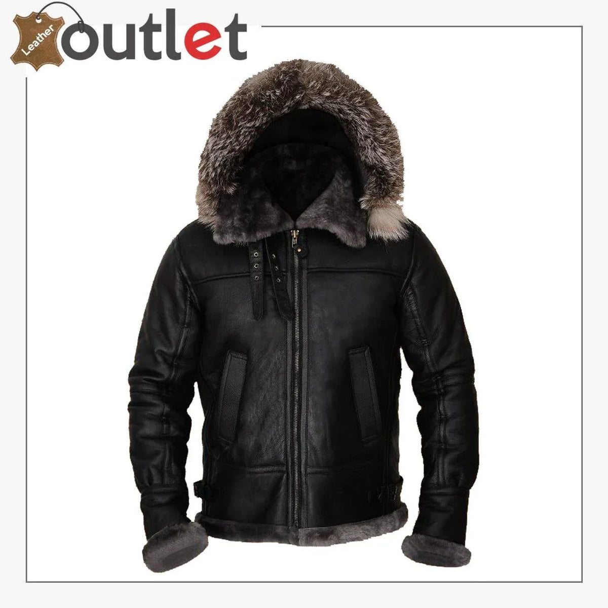 Men black shearling jacket with hood, front view