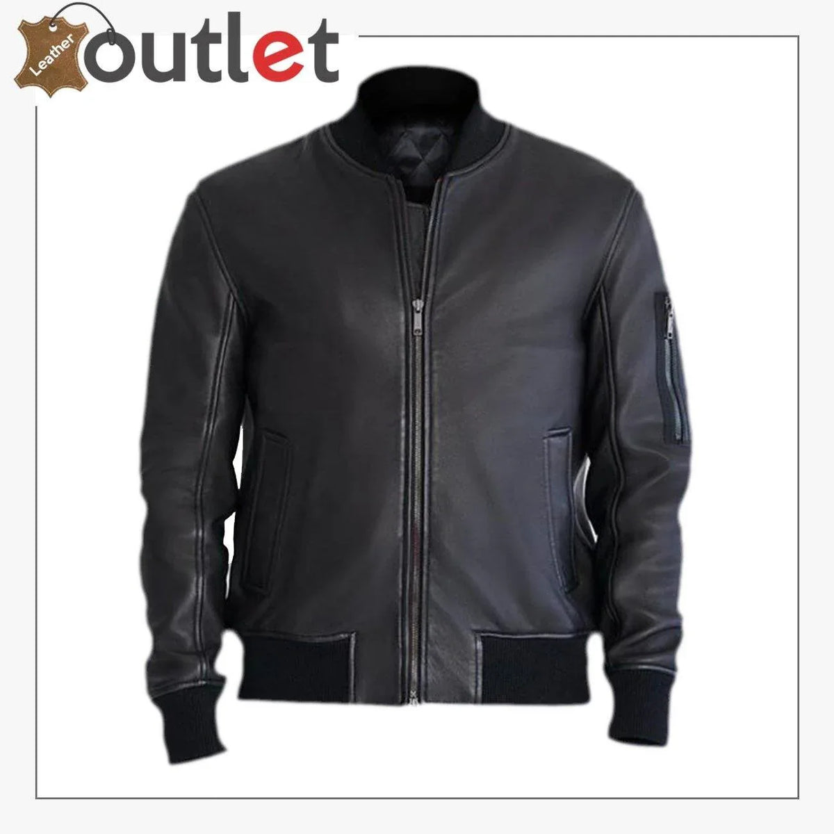 Classy black leather bomber jacket for men, front view