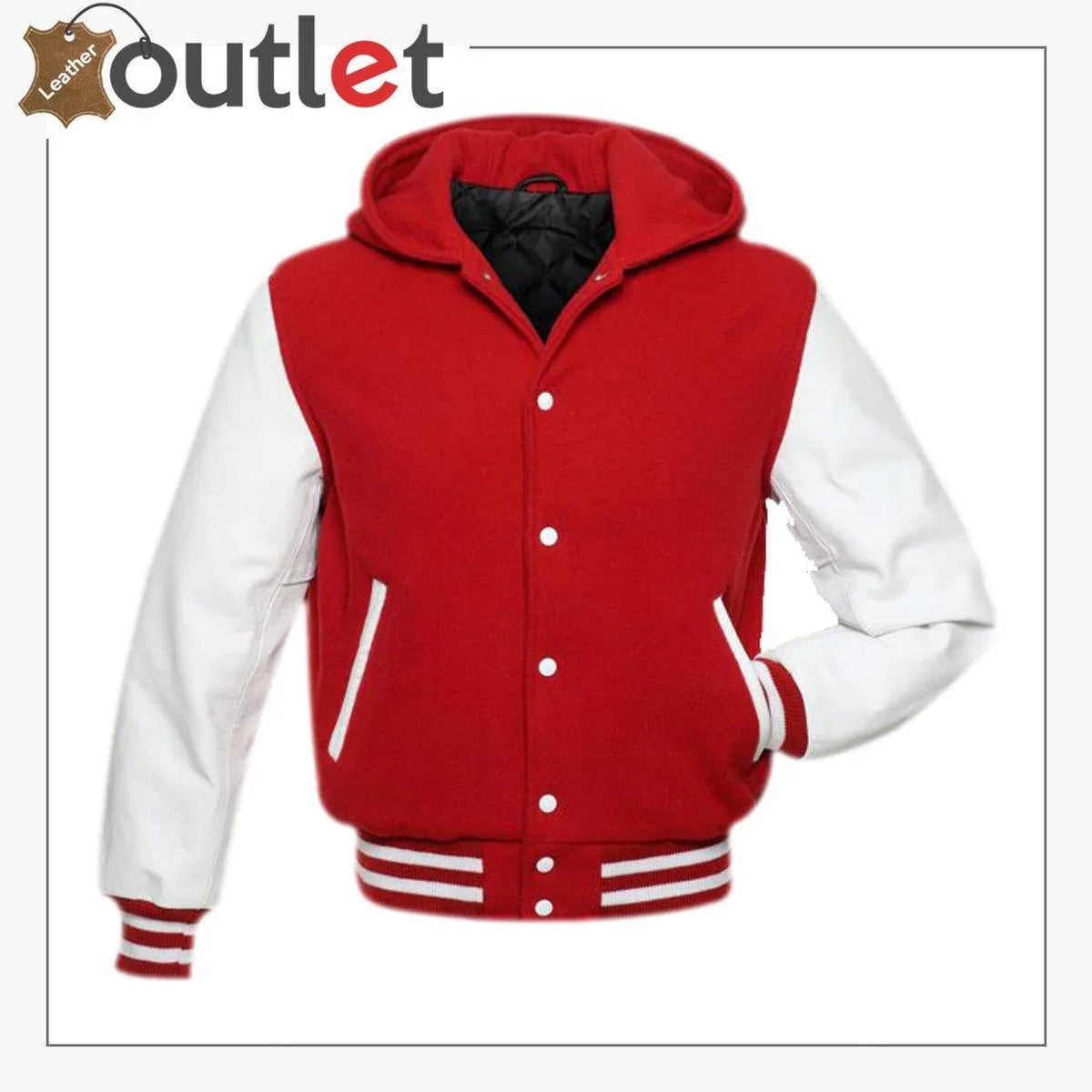 Red hooded varsity jacket, front view with snap placket