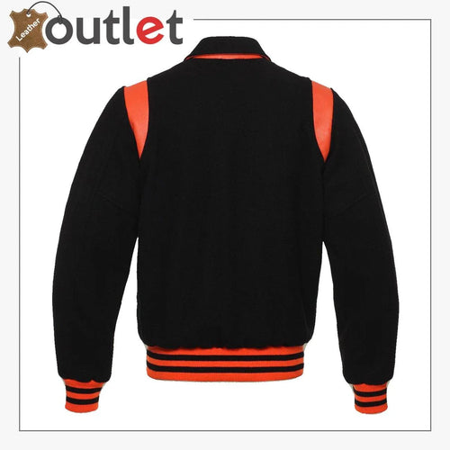 Black and orange letterman varsity jacket, back view