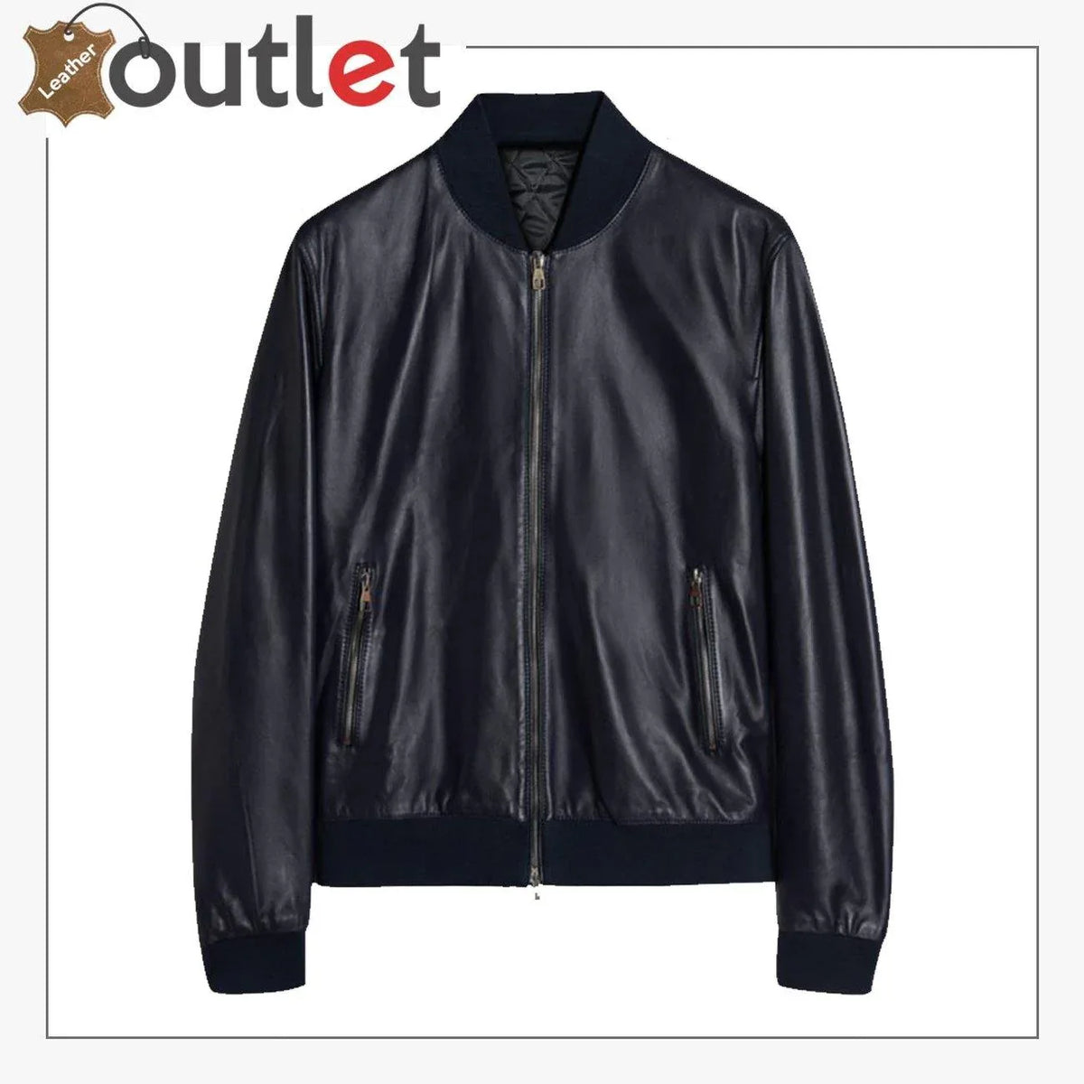 Men Oxford blue leather bomber jacket, front view