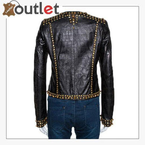 Black Embossed Leather Studded Zip Front Jacket - Leather Outlet