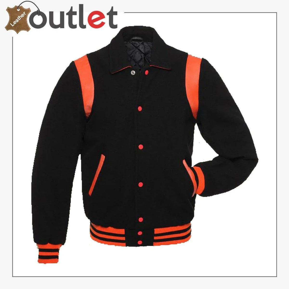 Black with orange varsity jacket, front view with snap front