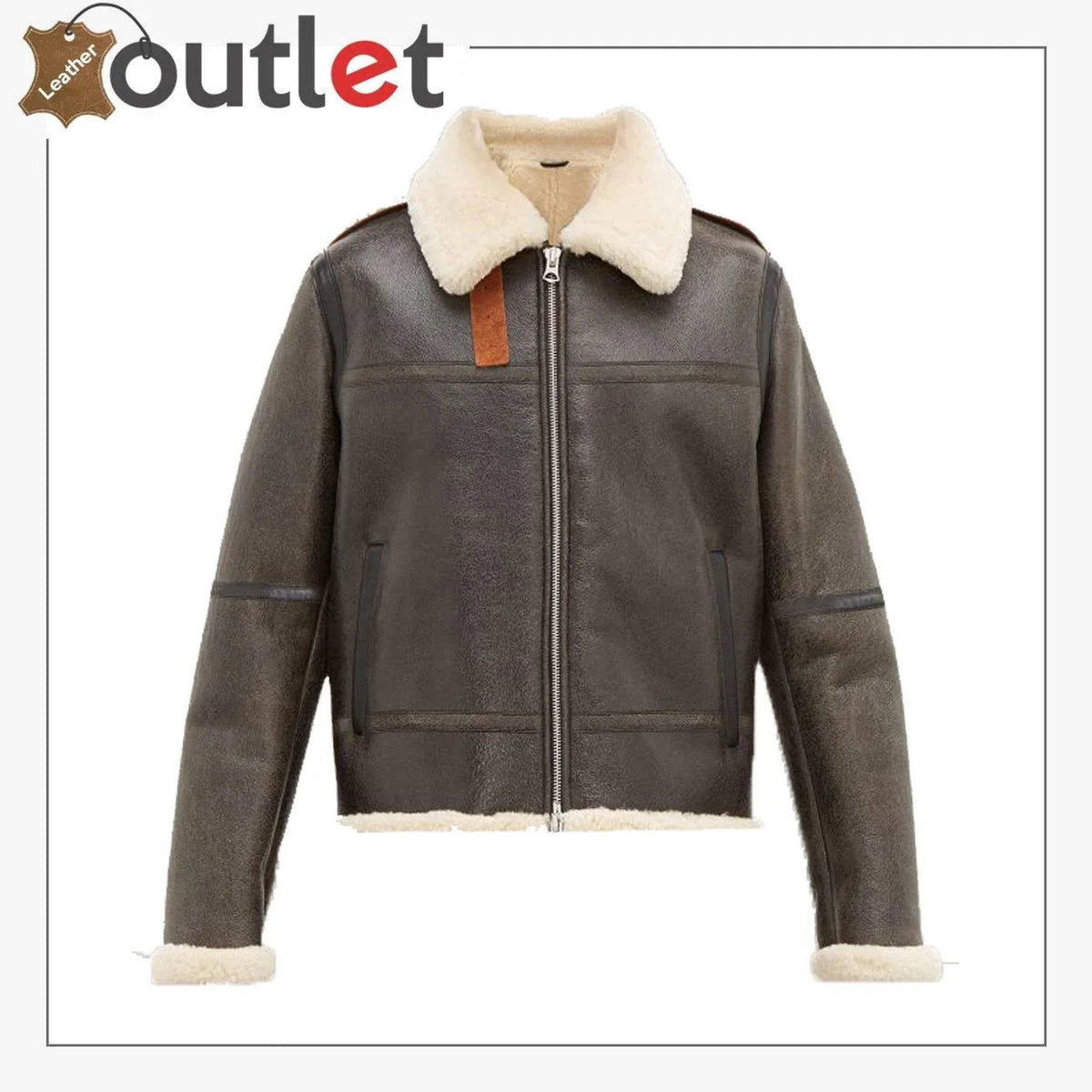 Men dark brown shearling jacket, front view