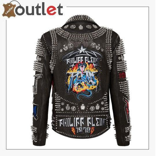 Studded and embroidered rock biker leather jacket, back view