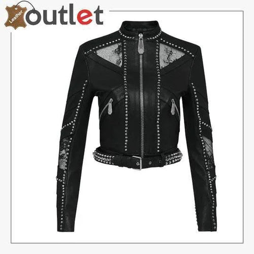 Black lambskin spike-studded biker jacket, front view