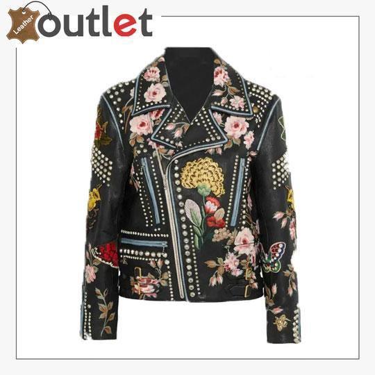 Rose handpainted silver studded biker jacket, front view