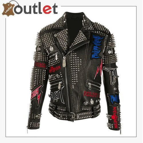Biker rock studded and embroidered leather jacket, front view