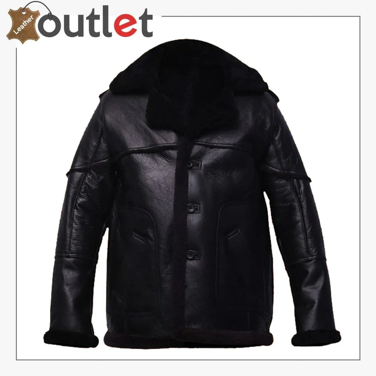Men pure black sheepskin shearling leather jacket, front view