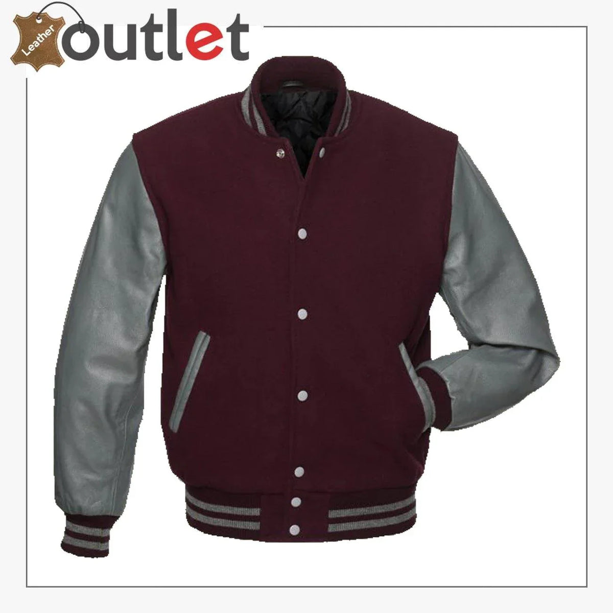 Maroon and grey varsity jacket, front view with snap front