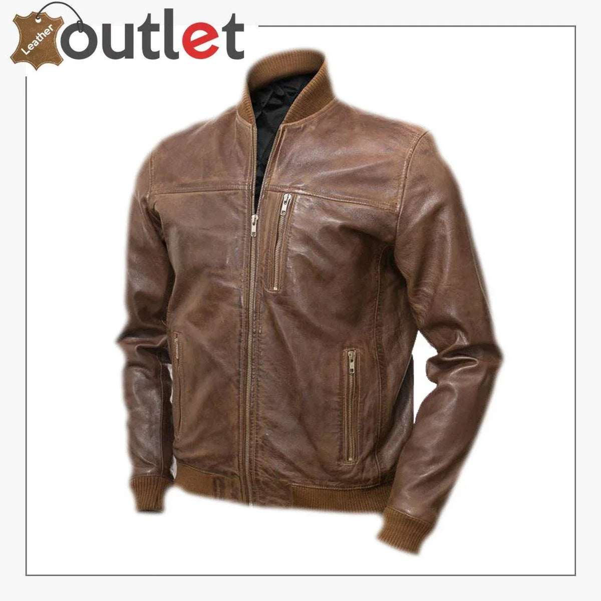Men tawny brown leather bomber jacket, front view