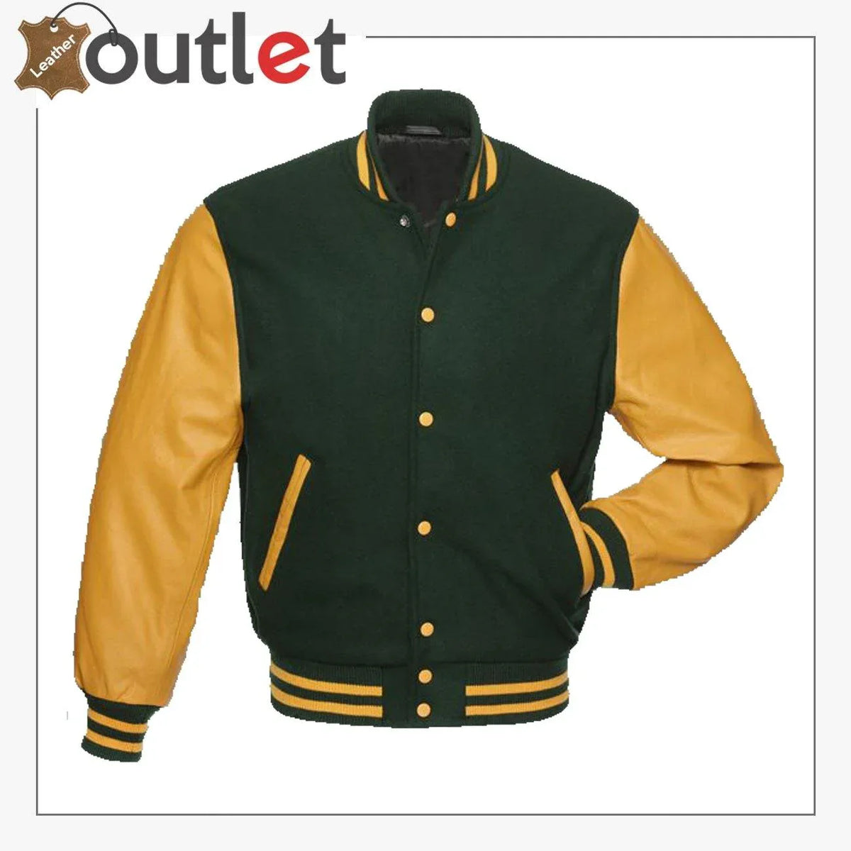 Forest green varsity jacket, front view with snap front