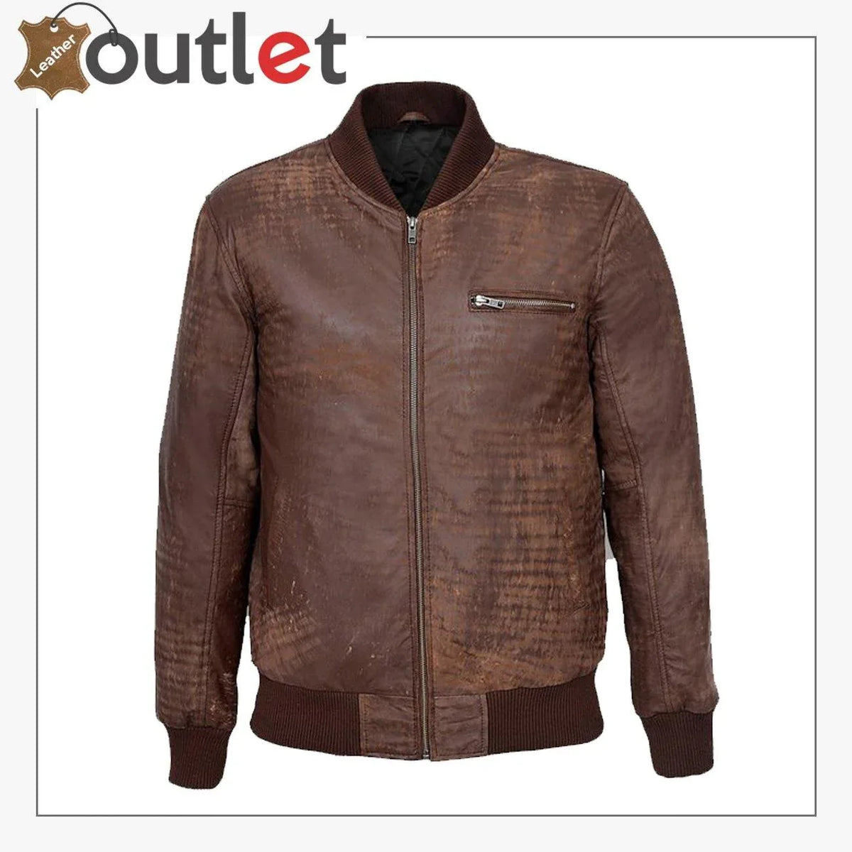 Men vintage brown leather bomber jacket, front view