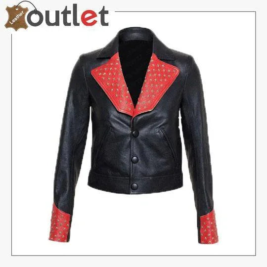 Studded biker leather jacket in black with asymmetric front zip
