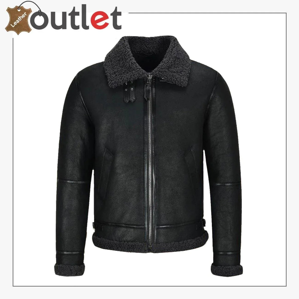Mens B3 air force shearling jacket in brown, front view with collar straps