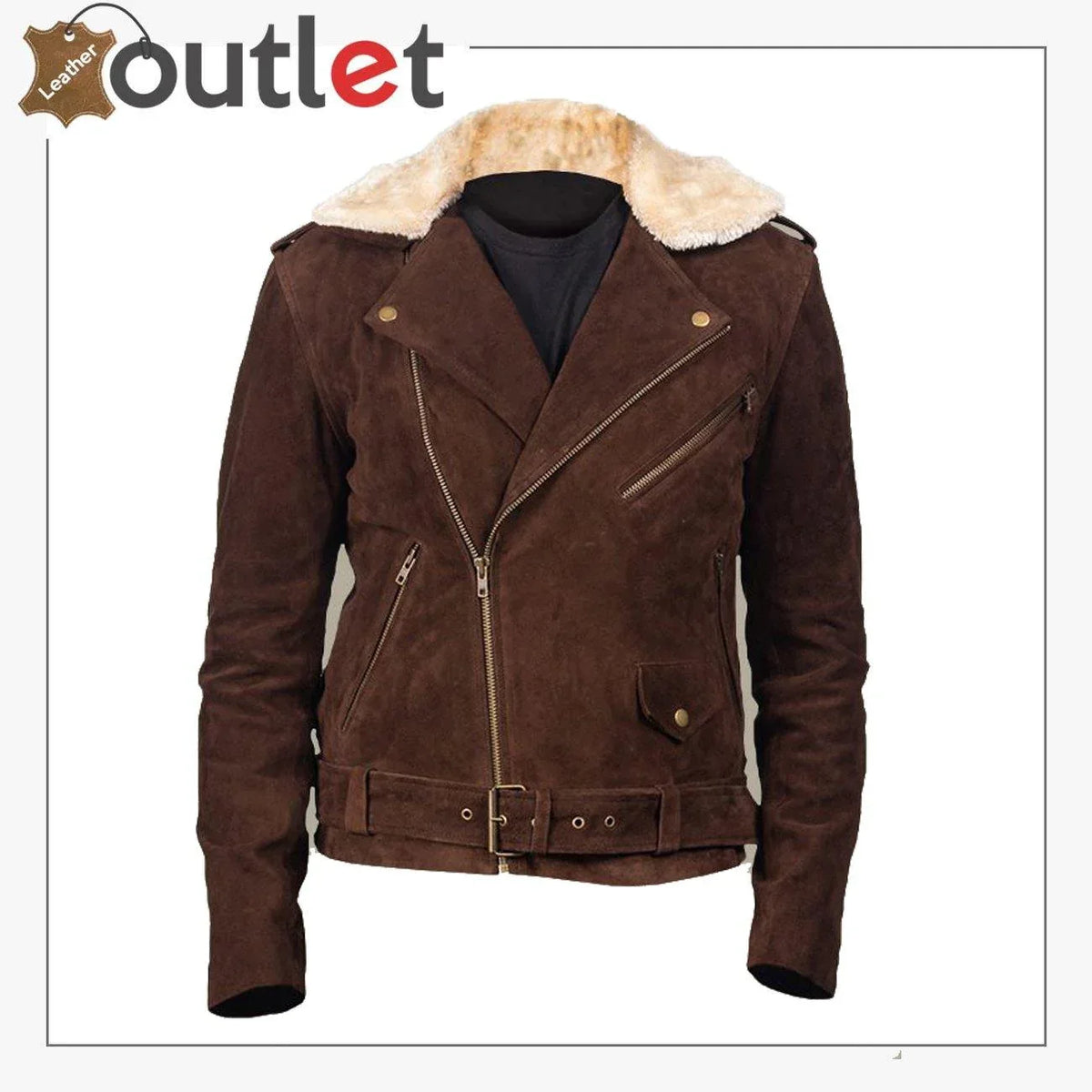Men brown suede finished shearling jacket, front view