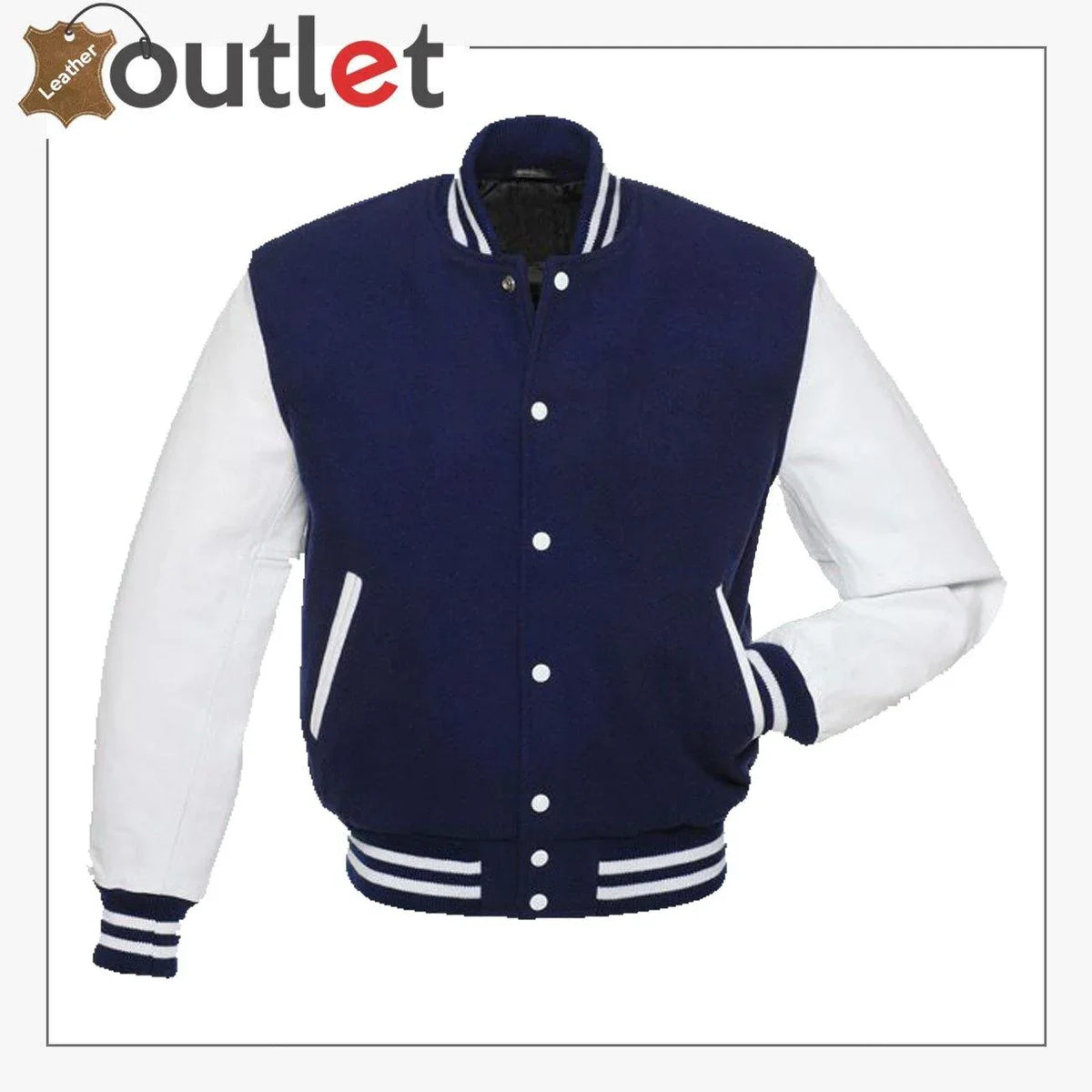 Oxford blue varsity jacket, front view with snap front