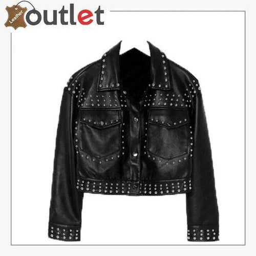 Black cropped leather jacket with silver studs and front zip