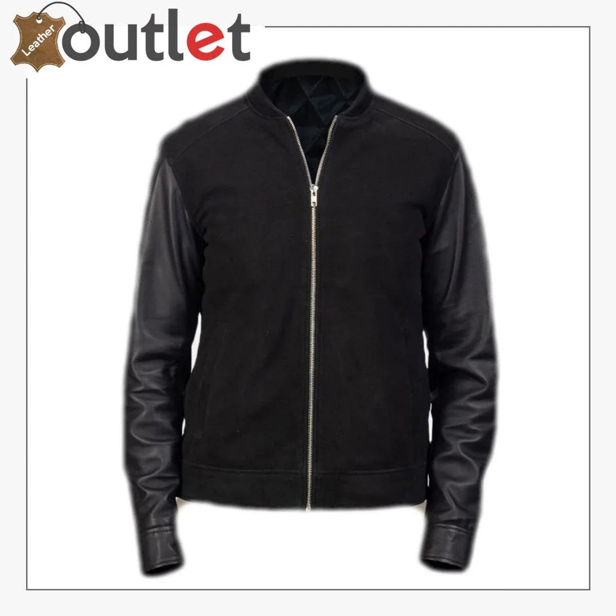 Men jet black leather bomber jacket, front view