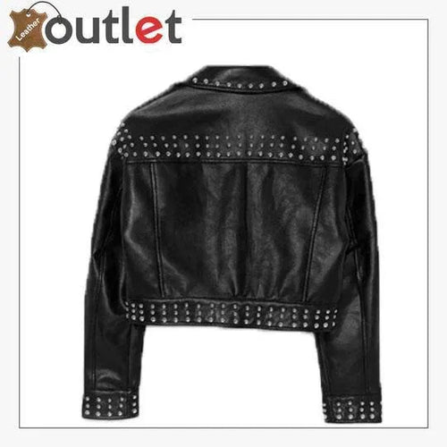 Waist length cropped studded leather jacket shown from the side