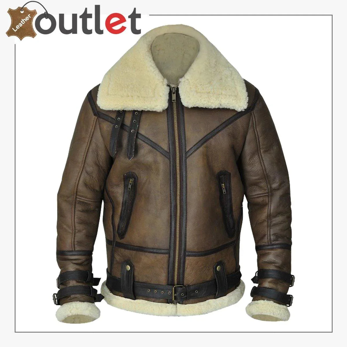 Men brown B3 aviator shearling jacket, front view with collar straps