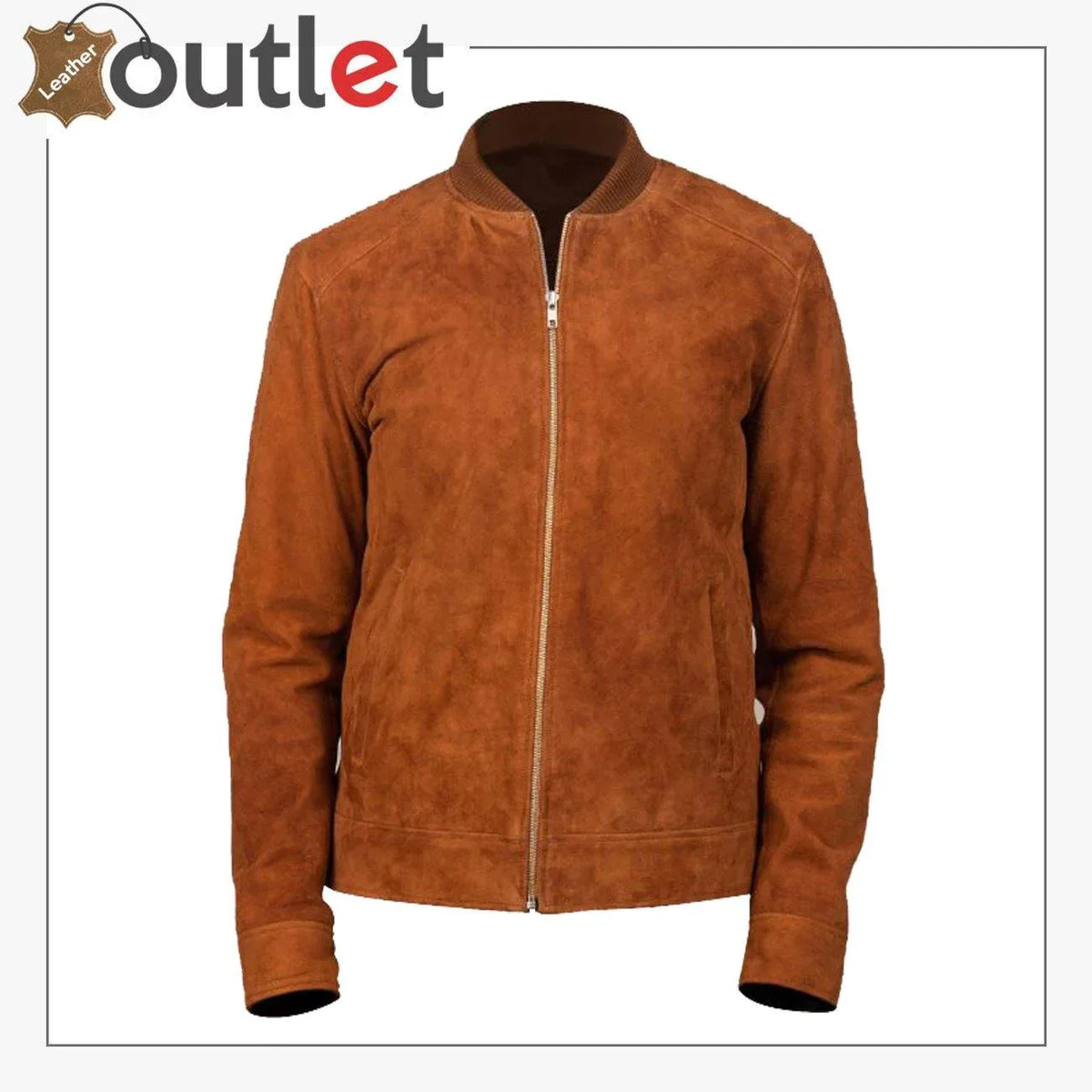 Men brown suede bomber jacket, front view