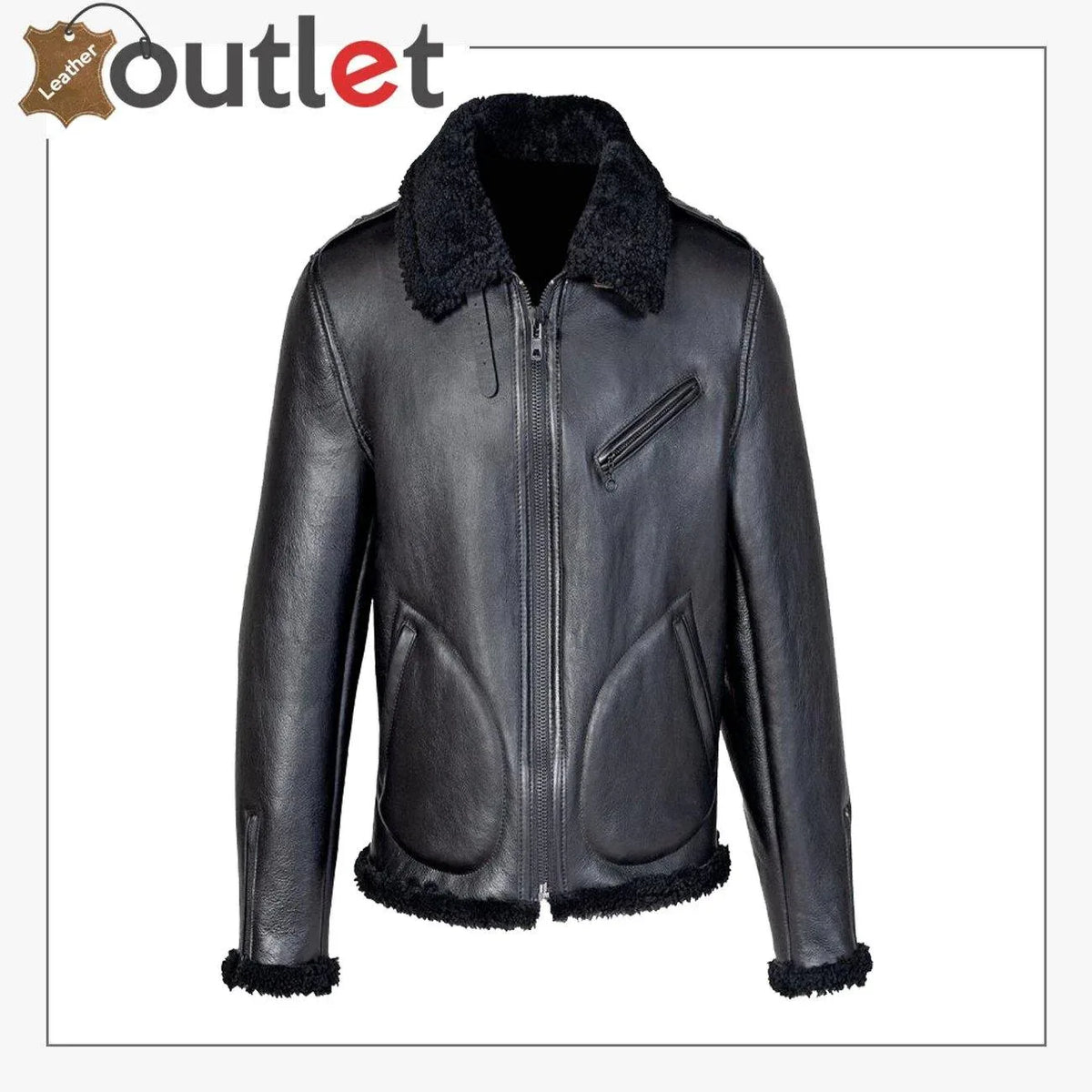 Men black shearling biker jacket with asymmetric zip, front view