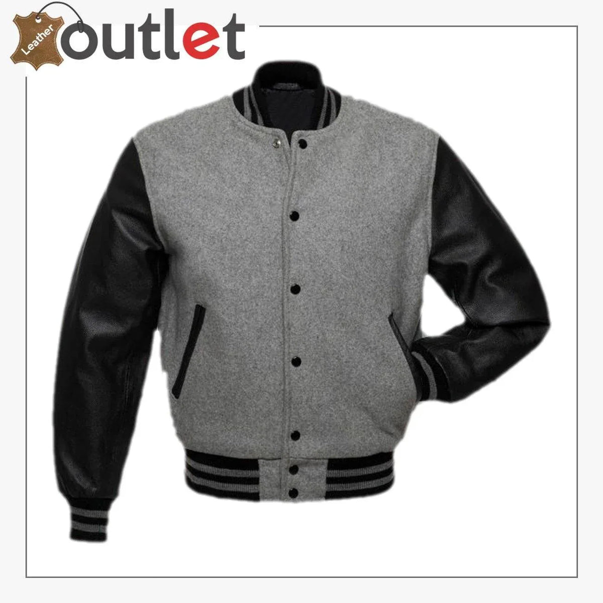 Grey and black varsity jacket, front view with snap front