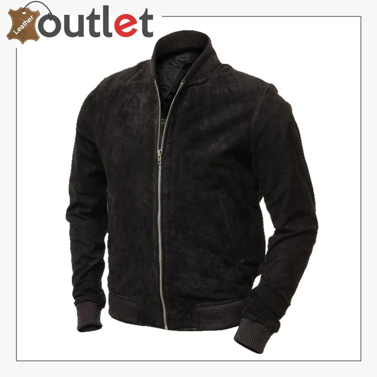 Men black suede bomber jacket, front view