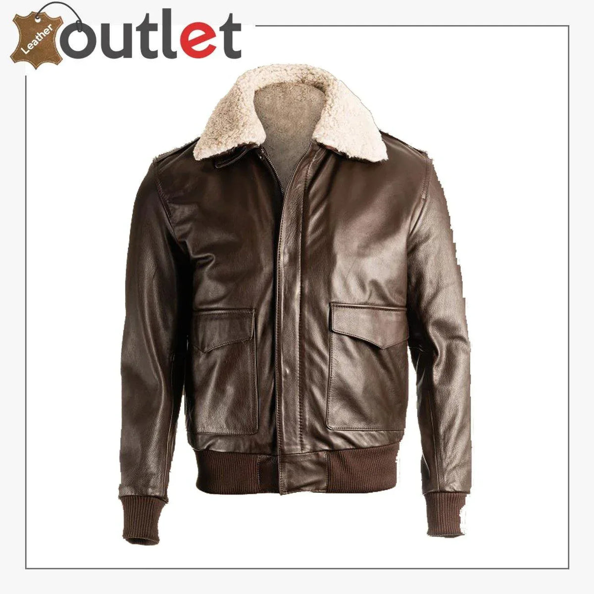 Men brown pilot bomber leather jacket, front view with knit waistband