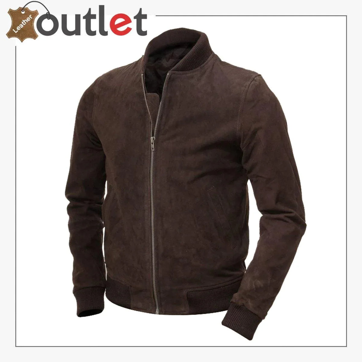 Men brown suede bomber jacket with knit trim, front view