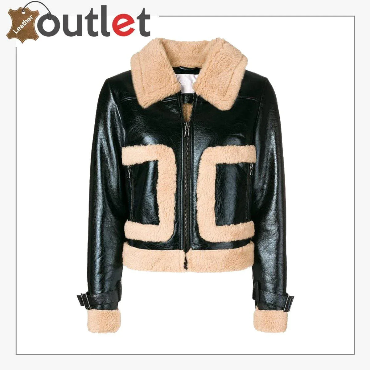 Women black leather bomber jacket, front view with zip