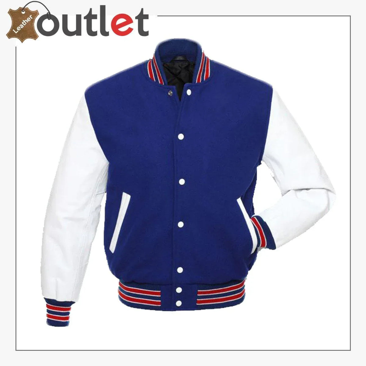 Royal blue varsity jacket with contrast leather sleeves, front view