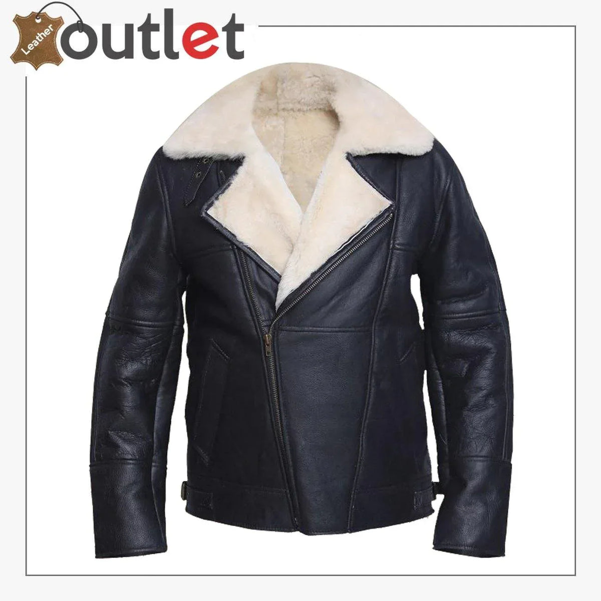 Men white shearling leather jacket, front view