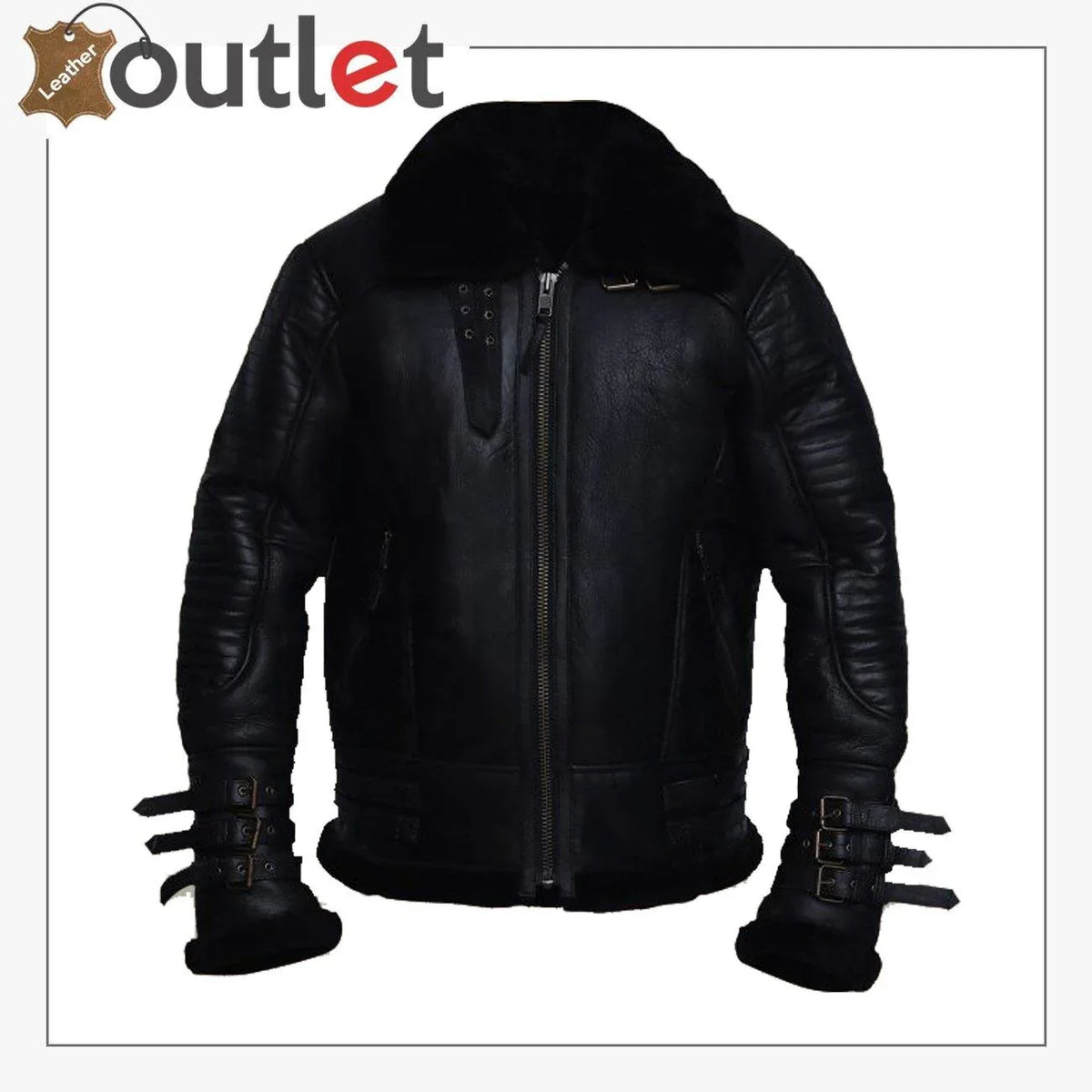 Men black biker shearling jacket, front view with zip